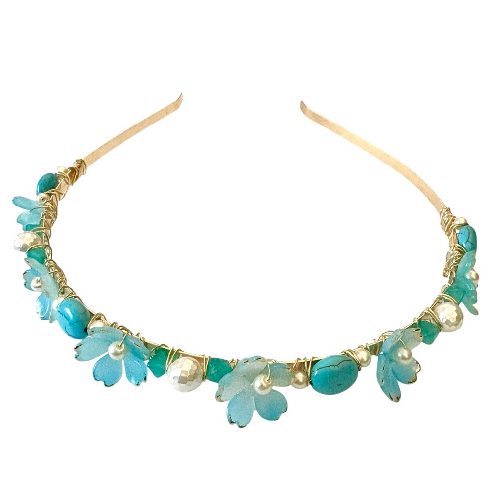 Fairy Headband with Lucite Flowers, Turquoise, Czech Glass and Glass Pearls